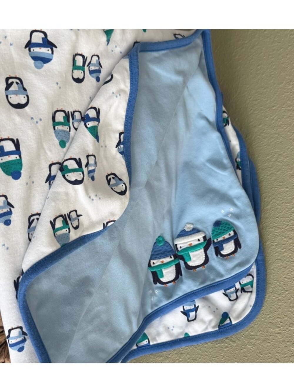 vintage Gymboree blue white peguin baby boy crib blanket winter reversible cotto